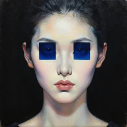 hyperrealism oil painting, black background, close - up portrait of cyborg fashion model with pale skin in soft light, ocean square instead of eyes, in style of classicism mixed with 8 0 s japanese sci - fi books art