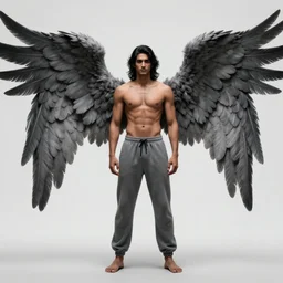 male angel avan jogia with large wings. gray feathers. shirtless and sweatpants. Smooth brown skin. Long black hair. Distant full body shot. detailed urban fantasy digital art, trending on artstation