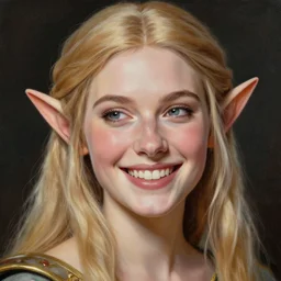 A bright, happy painting of an elven queen by Craig Mullins, beautiful, hyperrealistic, realistic face, high-quality, professional, dramatic lighting, extremely high detail, trending on artstation
