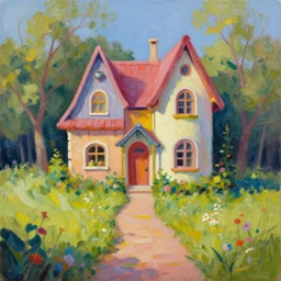 fairytale house, amazing colors, path leading to the house, oil painting, trending,