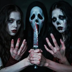artgerm, joshua middleton, loish, samara weaving as slasher, realistic hands with five fingers, horror movie, slasher movie, holding bloody knife, black hair