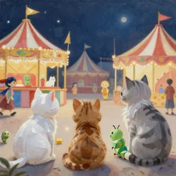 detailed painting of cats and caterpillars at a carnival at night watching paper lanterns, in the style of eyvind earle and vincent van gogh - n 9