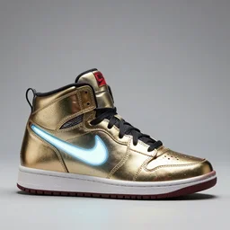 mid product still of The New metallic Ironman Nike sneakers with glowing arc reactor swoosh, 4k
