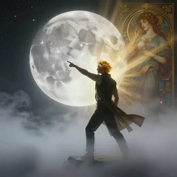 a man with gold hair punching through the moon, wanderer above the sea of fog, cyberpunk, romanticism god rays, volumetric lighting, octane render, 4 k resolution, art by artgerm and greg rutkowski and alphonse mucha, masterpiece, in a luminist baroque style