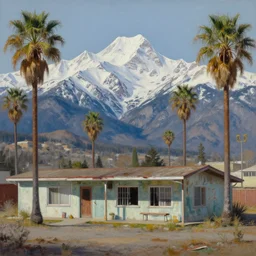natural american landscape | abandoned motel | palm trees | snowy mountains, painting by syd mead and weta studio and james jean, frank frazetta, highly detailed, rule of third, soft lighting, 8 k resolution, oil on canvas, architectural magazine, beautiful detailed, insanely intricate details, artstation trending, hypermaximalistic, high details, cinematic