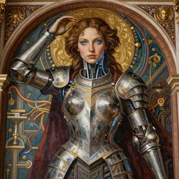 beautifully painted mural of a stunning young cyborg muse, piercing glowing eyes, fashion ornate royal armor, striking composition, highly detailed ornate sci fi background, vogue poses, striking composition, vivid details, wires, glowing tubes, beautiful composition, mural in the style of sandro botticelli, caravaggio, albrecth durer, 8k