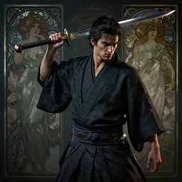 a photorealistic dramatic fantasy render of a handsome man carrying a rough heavy sword drippig with blood and clasical japanese kimono by wlop, artgerm, greg rutkowski, alphonse mucha, beautiful dynamic dramatic dark moody lighting, shadows, cinematic atmosphere, artstation, concept design art, octane render, 8 k