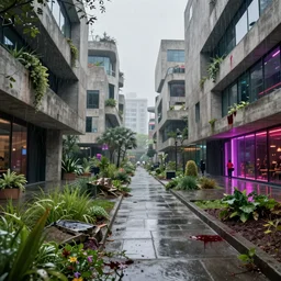 post apocalyptic city park, raining, building, avenue, modern contemporary urban americana concrete architecture, paved roads, by thomas kinkade, pascal blanche, greg rutkowski, shaddy safadi, neil blevins trending on artstation, photorealistic, neon ambiance, ultra detailed, high definition, depth of field, wild vegetation, blood stains, crumbling