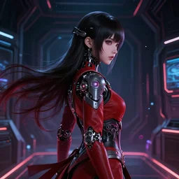realistic anime girl design, side pose, cosmic, dark, cybernetic room, beautiful face, long hairs, red garb, dynamic lighting