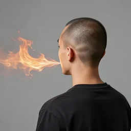 “fire breathing dragon, shaved hair on back of head, viewed from behind”