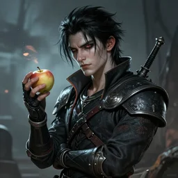 An epic fantasy comic book style portrait painting of a dark eyed, dark haired pale thief playing with an apple, unreal 5, DAZ, hyperrealistic, octane render, cosplay, RPG portrait, dynamic lighting