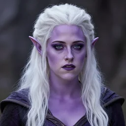 Kristen Stewart as a Drow Elf wizard with white hair and purple skin. Photorealistic digital art.