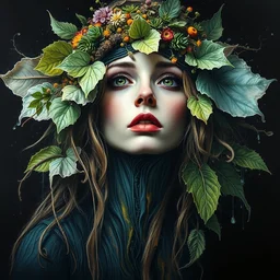 a portrait of beautiful witch by irakli nadar with intricate detailed color smashing fluid oil paint and acrylic, ornate, moss and leaves headdress, melting wax, mycelia, abstract impressionism, ruan jia, dark fantasy, hyper detailed, concept art, by gustav klimt, by sue bryce, moody lighting, black background