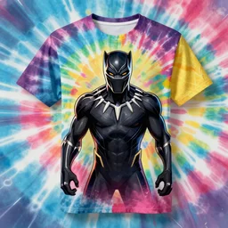 a t shirt all over print, portrait of black panther, trippy background, tie dye, one piece art style, cartoon, anime, digital art