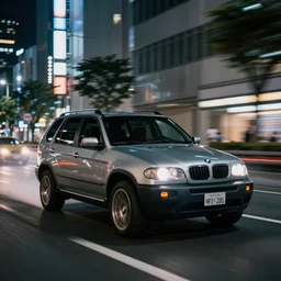 photo of a bmw x 5 2 0 0 3 at night driving fast through a city, cinematic, 4 k, long exposure photography, tokyo drift, fast and furious, kodak portra 4 0 0