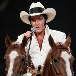 cinematic close up shot of Elvis Presley in a cowboy hat riding a horse, singing into a microphone,