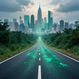 a road made of emerald leading into a city of dreams