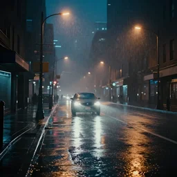 rainy night city street, headlights, street lights, neon, reflections, cyberpunk vibe, photographic realism, ridley scott, driving rain, thick atmosphere, hazy, dim