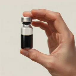 detailed digital art of a normal human hand holding a single tiny unlabeled medicine bottle half-full of a mysterious jet-black liquid; magic the gathering art by Volkan Baga, rk post, Lindsey Look, artstation