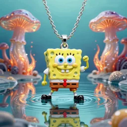 psychedelic spongebob with trinket necklace, epic angle and pose, reflective pool, symmetrical artwork, ayahuasca, translucent, fungus, energy flows of water and fire, highly detailed, epic cinematic concept art, excellent composition, dystopian brutalist atmosphere, dynamic dramatic lighting, aesthetic, very inspirational, arthouse, Greg Rutkowski, Artgerm