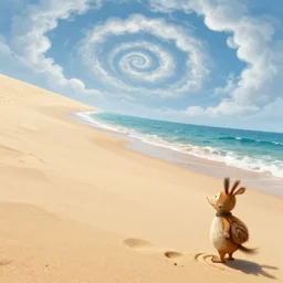 curved perspective digital art, beach, sand, ocean, spiral clouds, anton fadeev. horton hears who!