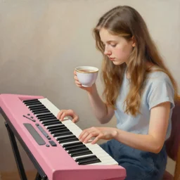 highly detailed painting of young russian girl playing a pink keyboard with a cup of tea, realistic,