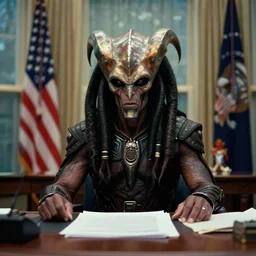 a klingon as president of the united states, in the oval office, ( ( photorealism ) ), moody, realistic, detailed