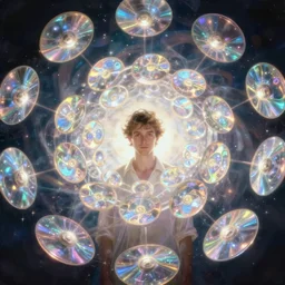 swarm of glowing iridescent discs surrounding a man, by greg rutkowski
