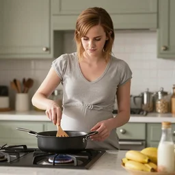 Emma Watson pregnant and cooking over a hot stove.