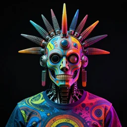 hyperdetailed portrait of a aztec futurism punk robot head, 8 k, symetrical, flourescent colors, halluzinogenic, multicolored tshirt art, black background
