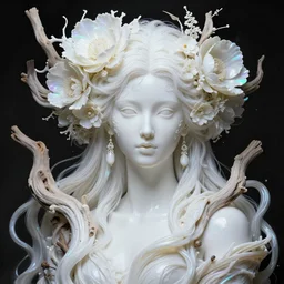 organic goddess with flowers in hair, holographic white plastic and driftwood, fantasy, intricate, elegant, highly detailed, lifelike, photorealistic, digital painting, artstation, illustration, smooth, sharp focus, art by scott davidson, albert aublet, krenz cushart, artem demura, mucha