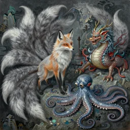 beautiful painting inspired by the gun crime in the classics chinese book 山 海 经, animal concept design : 九 尾 狐, 麒 麟, 章 鱼, high detail, religion light, grey blue and red dark green and white scheme, by mucha, zdzislaw, tyler jacobson, noah bradley, james paick
