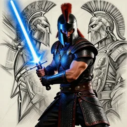 Spartan warrior holding lightsaber, ready to battle, Dynamic lighting, cinematic, establishing shot, extremely high detail, foto realistic, cinematic lighting, pen and ink, intricate line drawings, post processed, concept art, artstation, matte painting, style by Raphael Lacoste, Eddie Mendoza