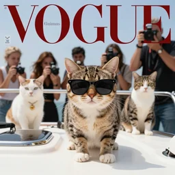 cat wearing sunglasses on his yacht hanging out with beautiful cat models, paparazzi photo, vogue magazine, candid 8 k,