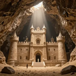 The royal castle of a sacred family found in a large sand cavern. A ray of light shines from above through a crack in the rocks. Concept art, trending on artstation, matte painting