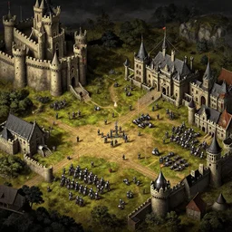 RTS gameplay third person in style of Brueghel, painting, Age of Empires 2 gameplay, Stronghold 1, dark colors, contrast colors, high detailed, fantasy, medieval, buildings, castle, armored units, RPG, high contrast, octane render