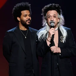 photo of albert einstein on stage with the weeknd, highly detailed, cinematic, extremely high quality, hd, 4 k, 8 k, professional photographer, 4 0 mp, lifelike, top - rated, award winning, realistic, detailed lighting, detailed shadows, sharp, no blur, edited, corrected, trending