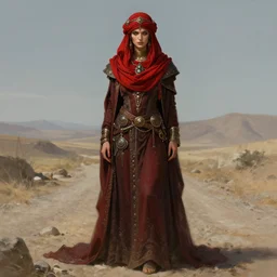 a full body portrait of a beautiful post apocalyptic offworld priests quarter bedouin blind pulp fiction scarlet wild rogue barbarian leper begging by the roadside, intricate, elegant, highly detailed, digital painting, artstation, concept art, smooth, sharp focus, illustration, art by krenz cushart and artem demura and alphonse mucha