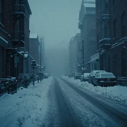 empty street Bladerunner 2049 still snowing winter cool lighting soft dark shadows snow melancholic hazy atmospheric lighting volumetric beautiful Roger Deakins Cinematography Jeremy Saulnier
