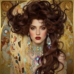 song of the hurricane, detailed beauty portrait, chocolate, opulent swirling hair and seaweed, iridescent jewellery, face in focus, organic background, art by wlop, peter morebacher, greg rutkowski, craig mullins, ruan jia, thomas kinkade, victor ngai, ernst haeckel, alphonse mucha, gustav klimt, unreal engine, blender, octane,