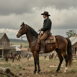 an extremely detailed masterpiece photograph of a 1 8 9 0's gunslinger on his horse overlooking an old town, in the style of frederic remington, epic scene, extremely moody lighting, cinematic, 8 k