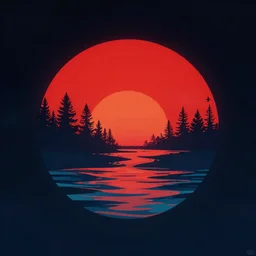 retrowave logo.big red sun.pam trees silhouette.wavy water under sun