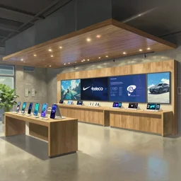 digital painting by studio ghibli hayao miyazaki!!!!! 2 0 3 0 s flagship retail interior. experience. telco digital screens phones. wood, polished concrete, neon, ceiling spots. plants. samsung microsoft apple nike adidas tesla muted colors.