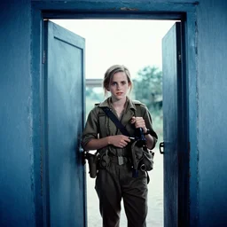film still, extreme far view, emma watson vietnam door gunner, vietnam war associated press photography, 2 6 mm, kodak ektachrome, blue tint expired film,