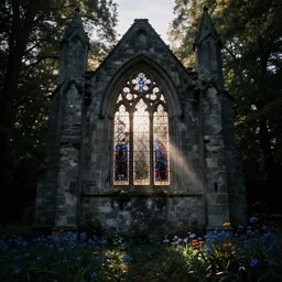 dark moody crumbling stone ancient symmetrical cathedral ruins with a gothic arch stained glass window in a dark forest, overgrown with blue and orange flowers, crepuscular light, radiating beams of sunlight