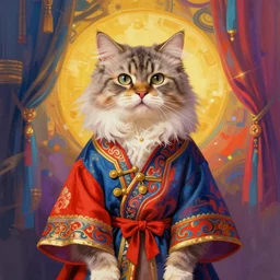 prompt! dream symmetry!! stunning portrait of beautiful a british longhair cat wearing tradition clothes!! by victo ngai, kilian eng vibrant colours, dynamic lighting, digital art, winning award masterpiece, fantastically beautiful, illustration, aesthetically inspired by beksinski and dan mumford, trending on artstation, art by greg rutkowski, 8 k