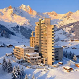 matte painting of winter, brutalism bauhaus szene in beautiful landscape in swiss alps, by albert whitlock, amazing details, beautiful composition, vibrant colors, bird eye view, luminescent, warm hue's