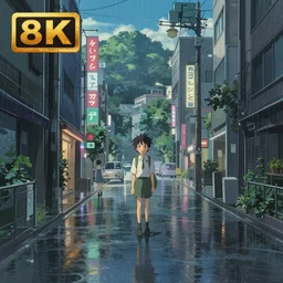 the scenery, the movie weathering with you, by makoto shinkai, light effect, rainy weather, highly detailed, city center, 8 k, unreal ungine