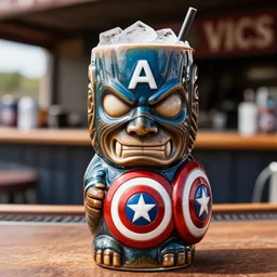 a closeup photorealistic photograph of a glossy captain america style tiki mug sitting at an outdoor trader vic's bar featuring happy captain america's face. tiki theme. icy drink. shield. bright scene. fine detail. this 4 k hd image is trending on artstation, featured on behance, well - rendered, extra crisp, features intricate detail, epic composition and the style of unreal engine.