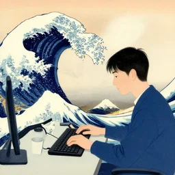 a guy typing in a computer, by Hokusai